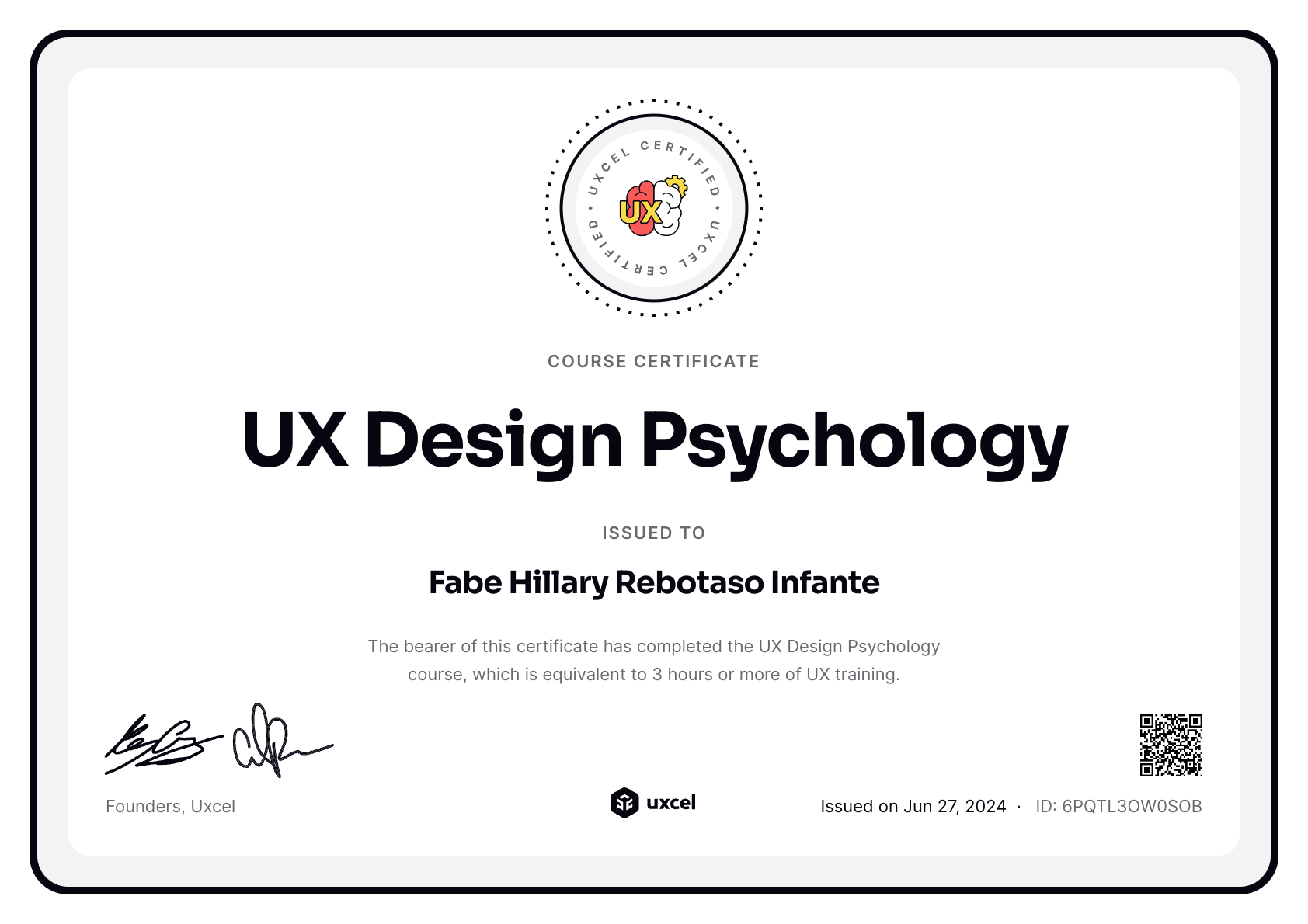Fabe Hillary Rebotaso Infante's certificate